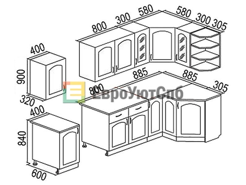 Схема Кухня Классика 1200*2100 (высота навесных шкафов 900)