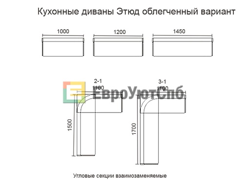 Схема и габариты углового дивана для кухни "Этюд"